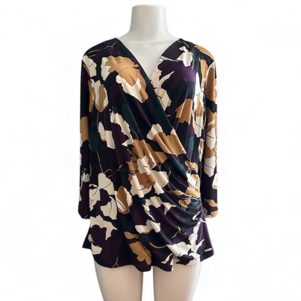 Tahari Multicolor Floral Wrap Side Ruching Blouse Plus Size 1X